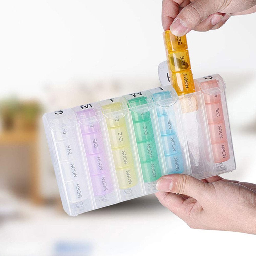 7 Days Weekly Health Care Spring Pill Box Organizer Portable 4 Times a Day Medicine Vitamin Storage Dispenser Cutter Container C