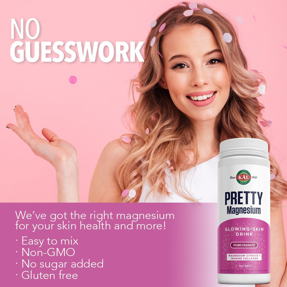 KAL Pretty Magnesium Glowing-Skin Drink | 325Mg Mag Citrate + Marine Collagen | Cellular & Skin Health, 10.7Oz, 70 Serv.