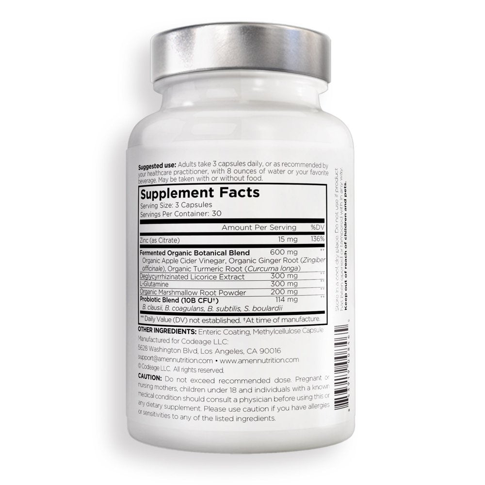 Amen Leaky Gut, L-Glutamine, Zinc, Turmeric, Licorice, Probiotic & Prebiotic Vegan Supplement, 90 Ct