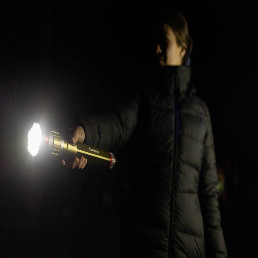 Swiss Tech 6500 Lumen LED Flashlight Rechargeable Dual Power AA/USB with Charging Bank, IP67 Waterproof, Drop Resistant