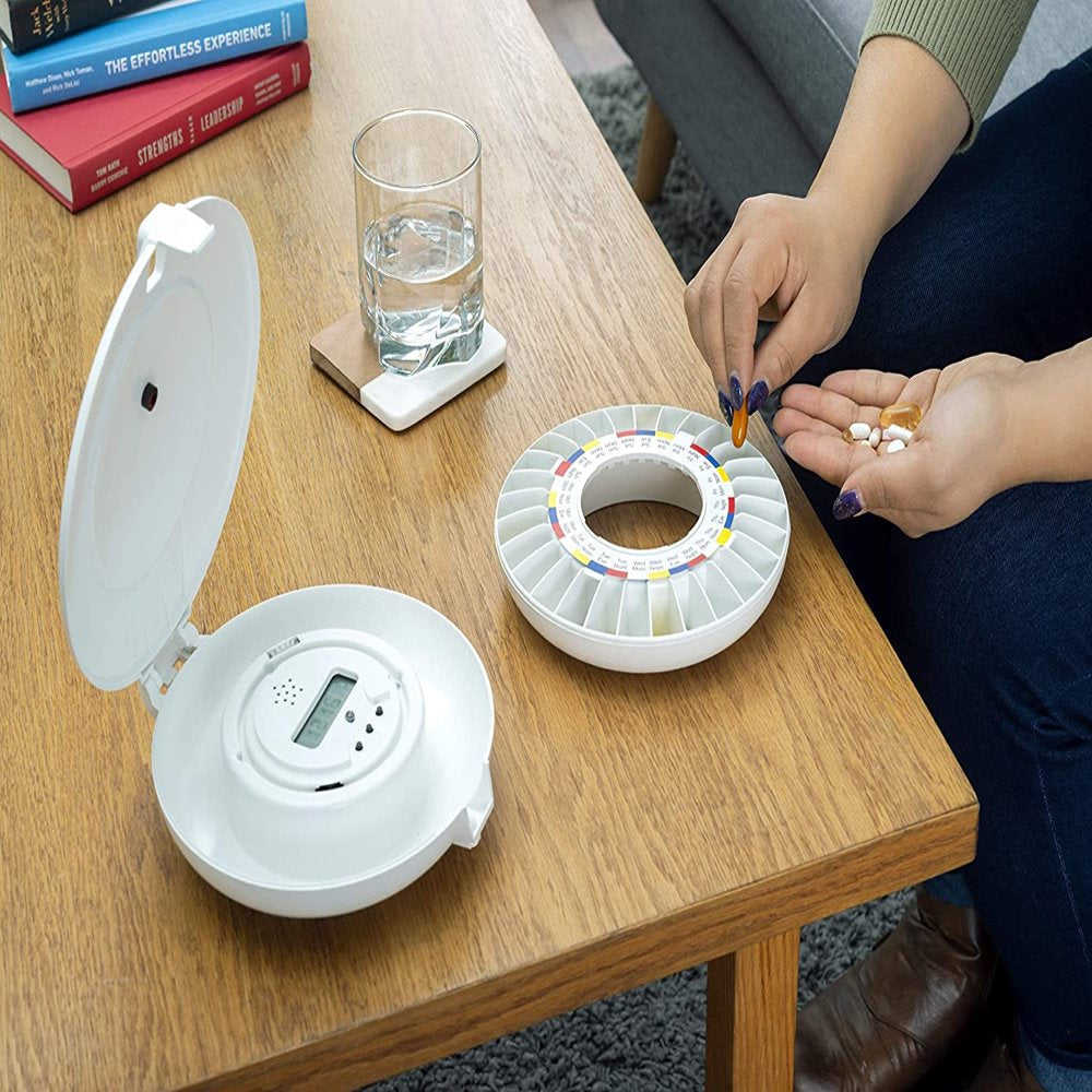 E-Pill Station - Locked Automatic Pill Dispenser with Tipper Base - White Lid