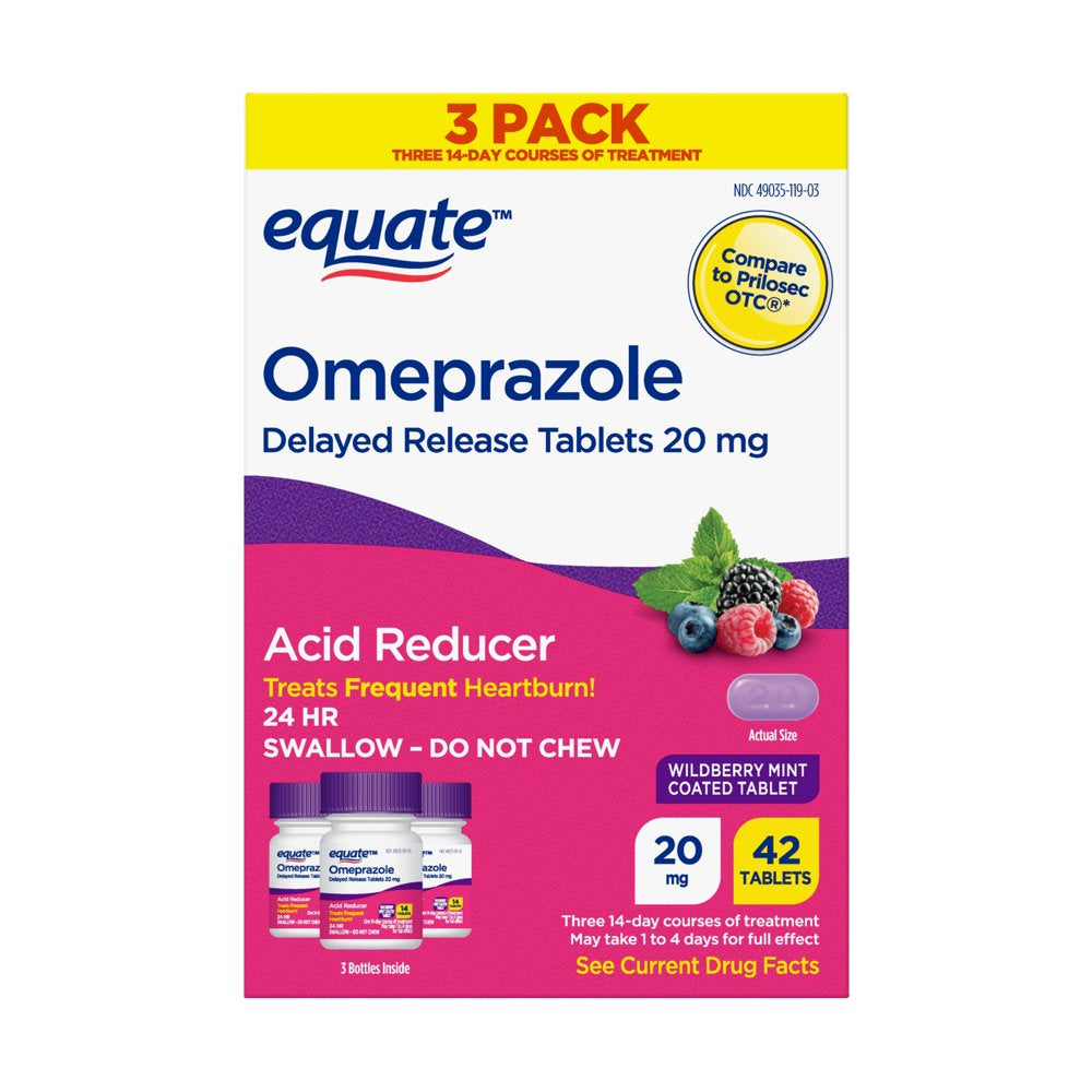 Equate Omeprazole Delayed Release Coated Tablets 20 Mg, Wildberry Mint, 14 Count, 3 Pack