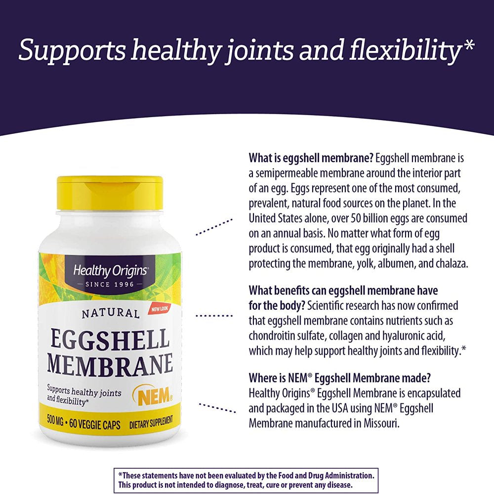 Healthy Origins Eggshell Membrane 500 Mg (NEM, Non-Gmo, Gluten Free, Joint Support), 60 Veggie Caps