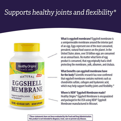 Healthy Origins Eggshell Membrane 500 Mg (NEM, Non-Gmo, Gluten Free, Joint Support), 60 Veggie Caps