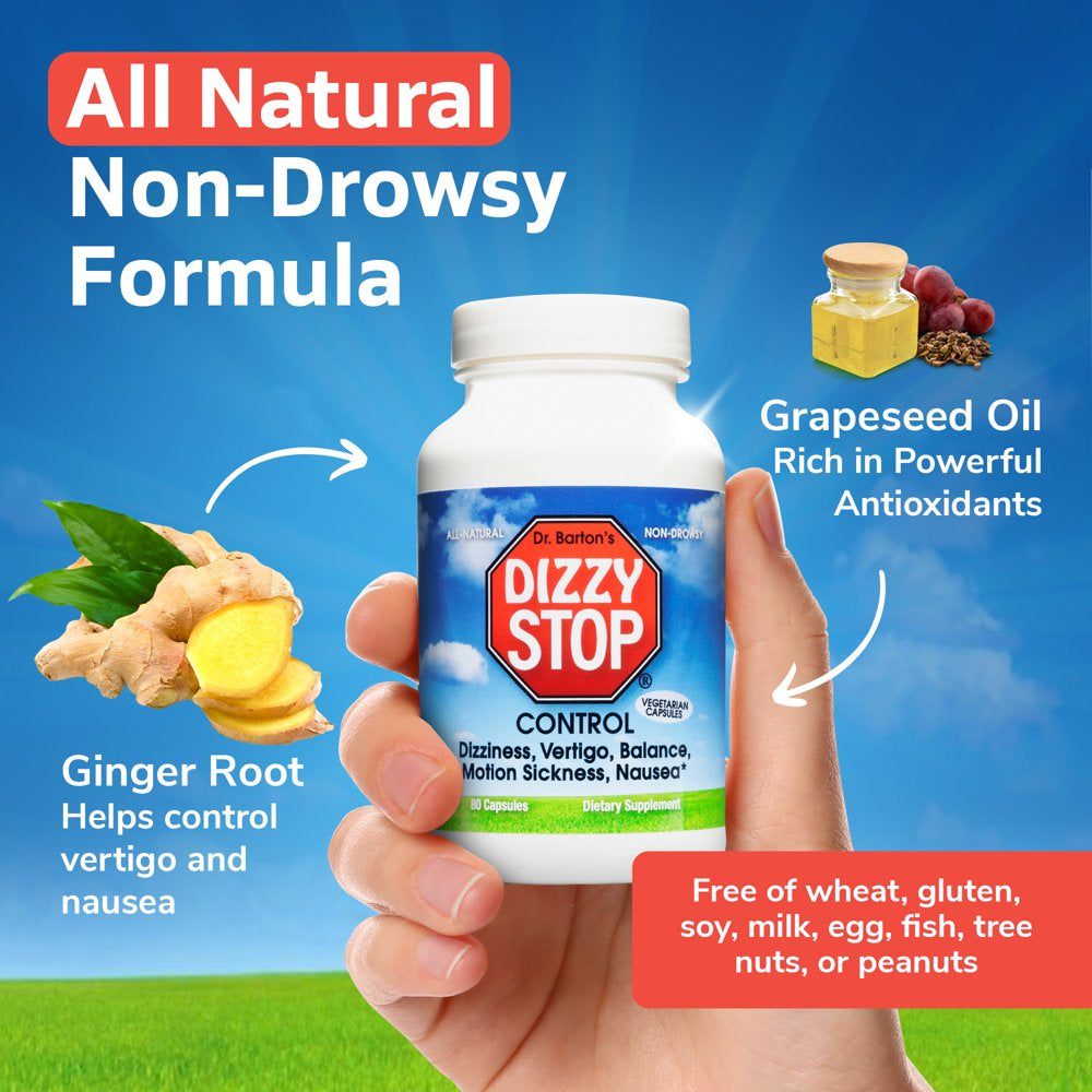 Dr. Barton’S Dizzy Stop - All-Natural Vertigo Relief, Inner Ear Balance, anti Nausea Supplement, Non Drowsy Motion Sickness Pills for Nausea Relief, Seasickness Relief, & Dizziness Relief, 80 Capsules
