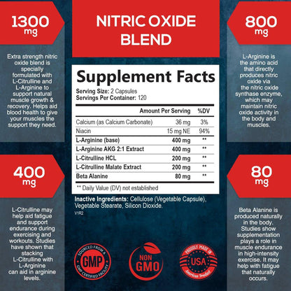 Extra Strength Nitric Oxide Supplement L Arginine 3X Strength - Citrulline Malate, AAKG, Beta Alanine - Premium Muscle Supporting Nitric Booster for Strength & Energy to Train Harder - 240 Capsules