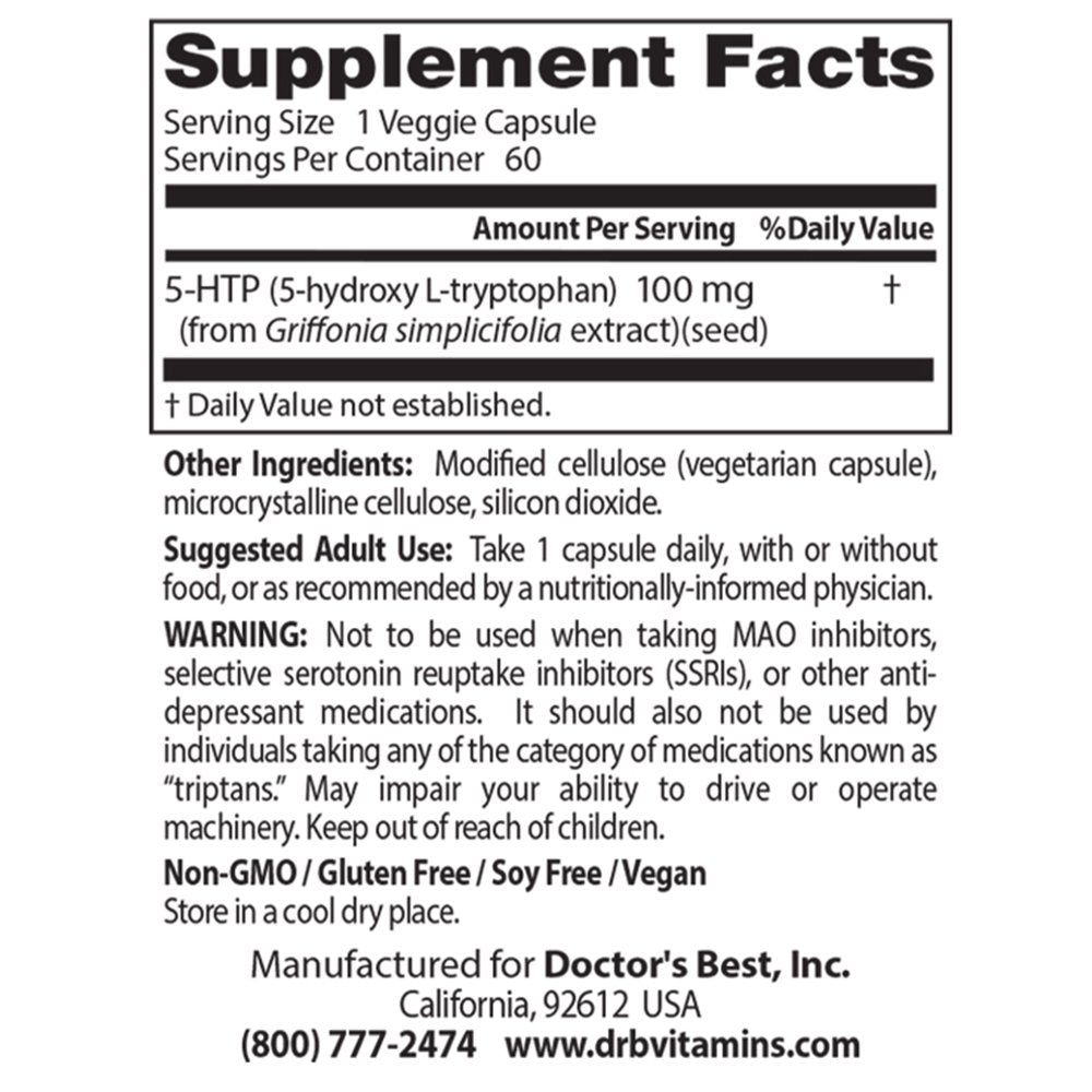 Doctor'S Best 5-HTP, Non-Gmo, Vegan, Gluten Free, Soy Free, 100 Mg, 60 Veggie Caps