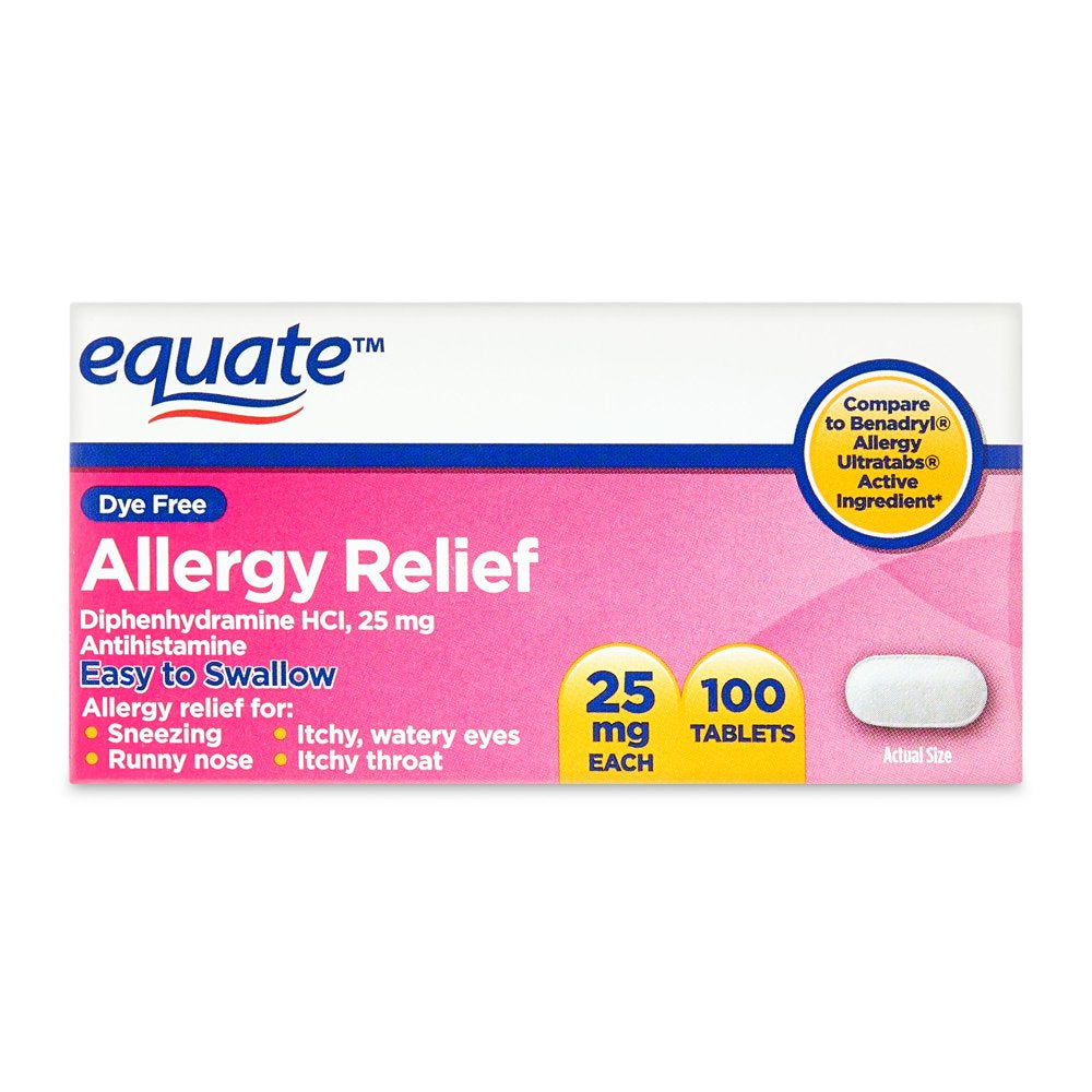 Equate Dye-Free Allergy Relief Medicine, 25 Mg, 100Ct Tablets