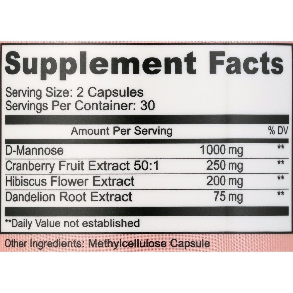 D Mannose Capsules with Cranberry Extract - Fast-Acting UTI Vitamin Supplement Pills - Cleanse & Flush Impurities - D-Mannose 60 Capsules