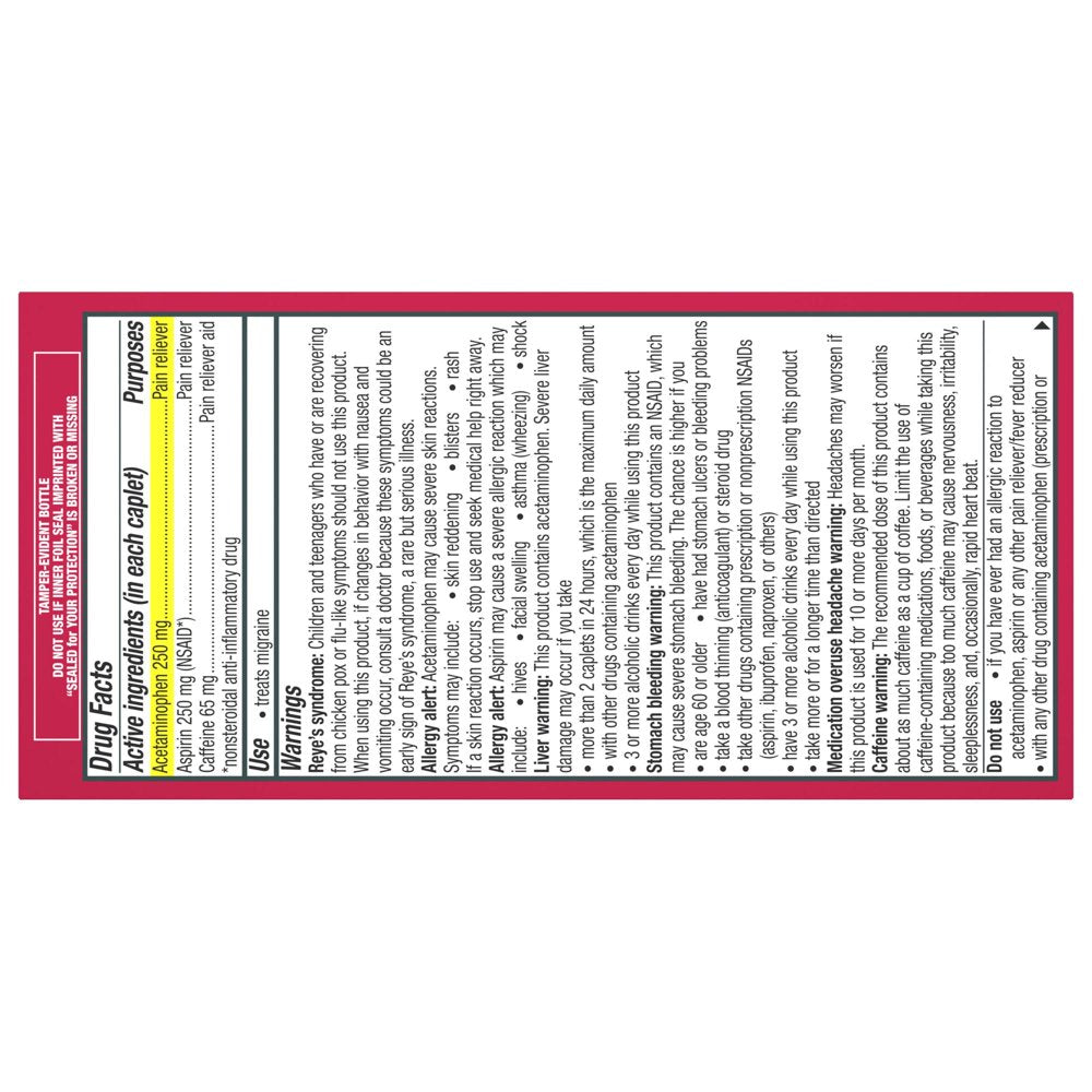 Excedrin Migraine Medicine Caplets for Migraine Headache Relief, 100 Count