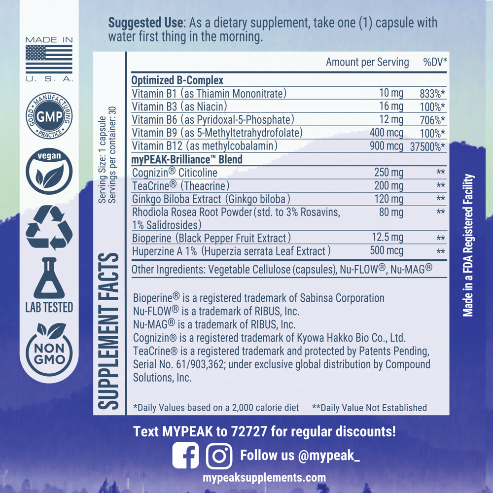 Mypeak Brilliance: Nootropic Focus Supplement for 8-Hours of Sustained Energy, Reduce Fatigue, Enhance Focus, Improve Memory, Caffeine-Free Pre-Workout with Theacrine, Theanine, Gingko, B-Complex
