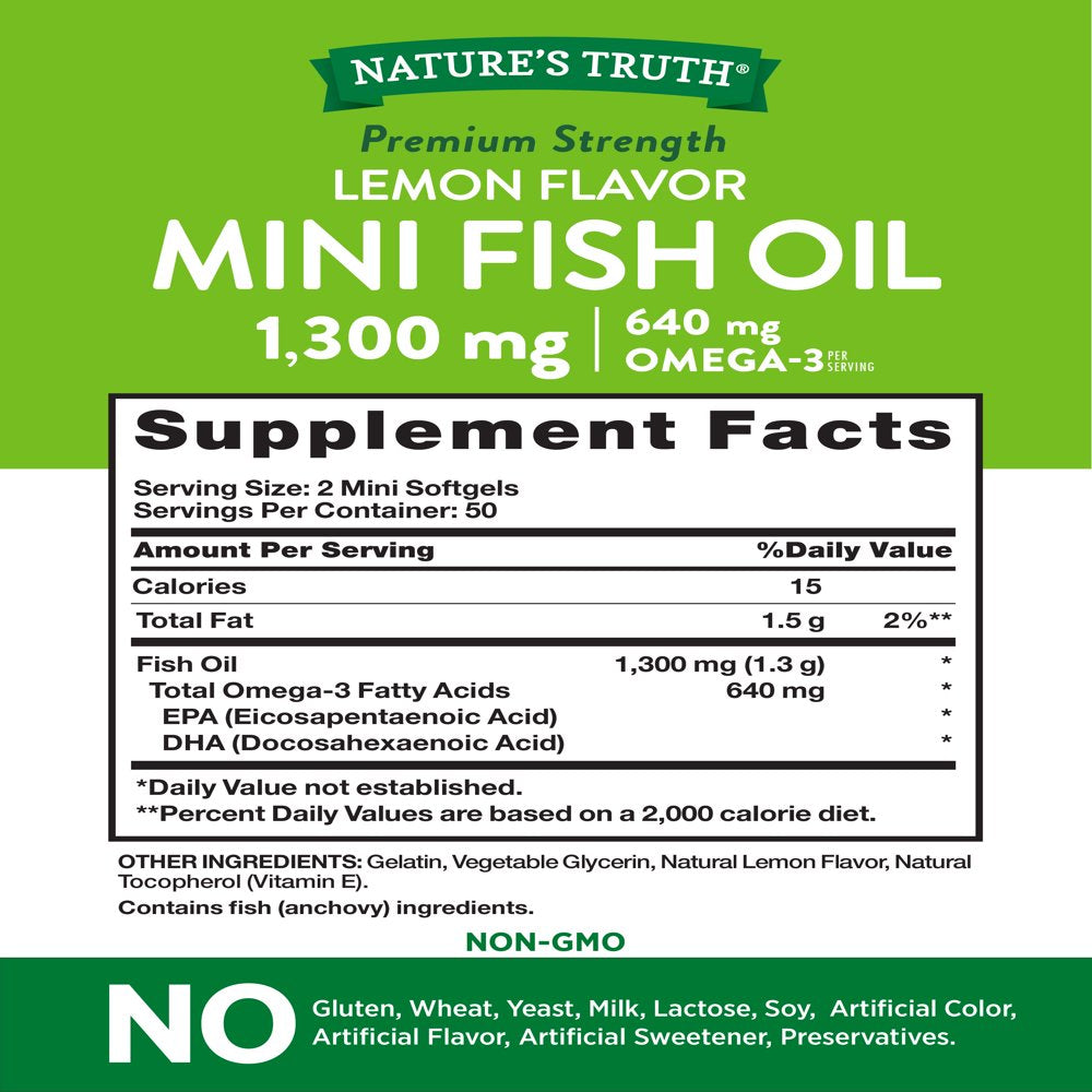 Mini Fish Oil Omega 3 | 1300 Mg | 100 Softgels | Burpless Lemon Flavor Pills | Non-Gmo. Gluten Free Supplement | by Nature'S Truth