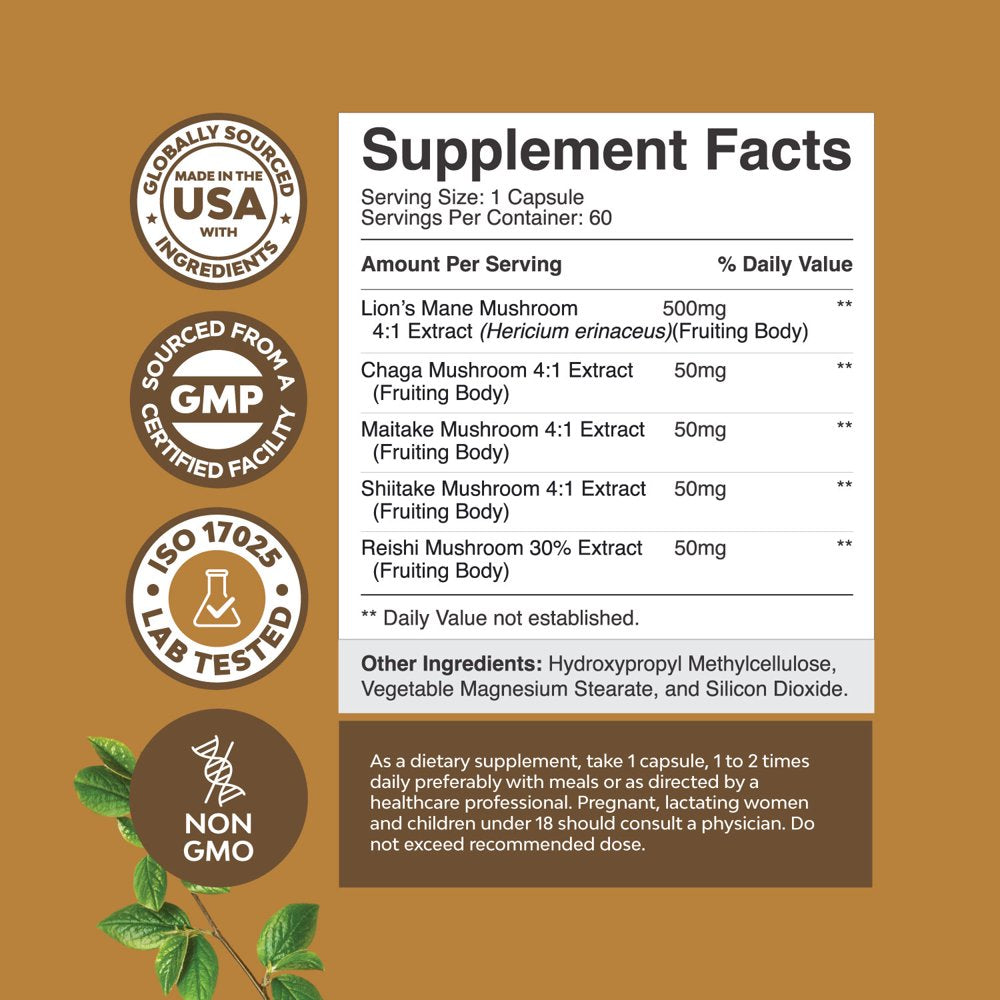 Advanced Lion'S Mane Mushroom Supplement - Lions Mane Supplement Capsules with 5X Fruiting Body Mushroom Complex with Chaga Maitake Shiitake and Reishi - Brain Booster Nootropic Supplement (60 Caps)