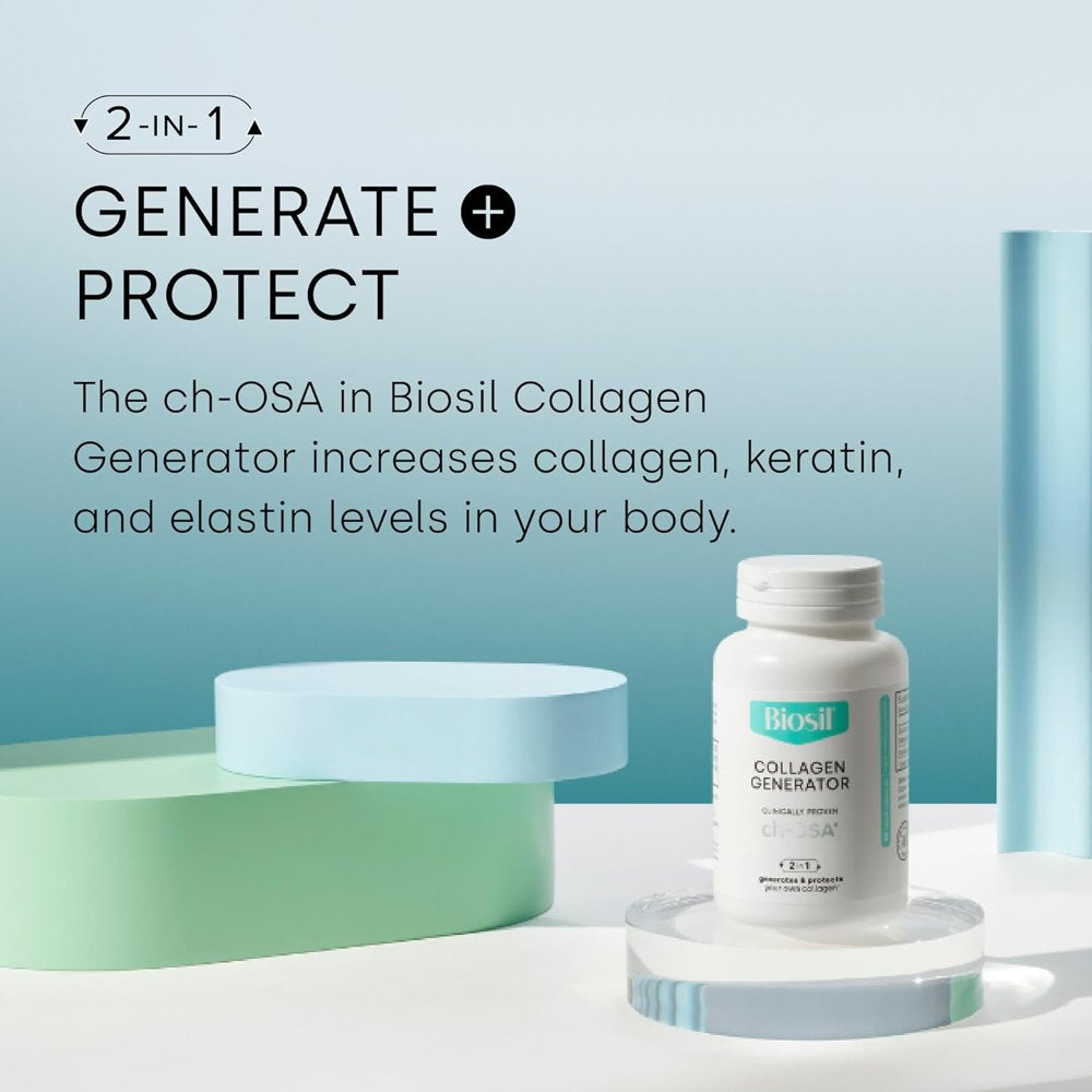 Biosil Advanced Collagen Generator Pills - Patented & Clinically Tested Collagen Booster Supplement for Hair, Skin and Nails & Bone and Joint Support - Easy to Swallow Mini Capsules 60Ct