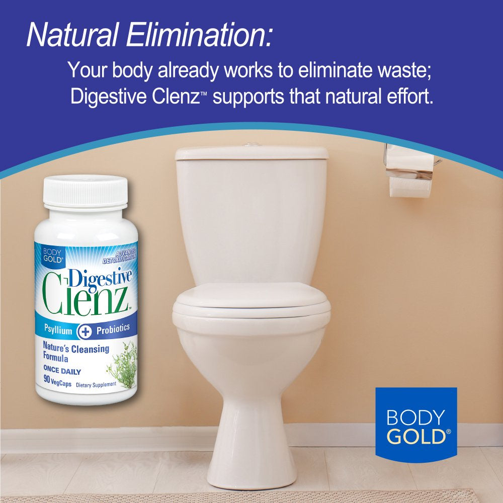 Body Gold Digestive Clenz | Healthy Detoxification, Elimination & Nutrient Absorption Support | 30 Servings, 90 Vegcaps