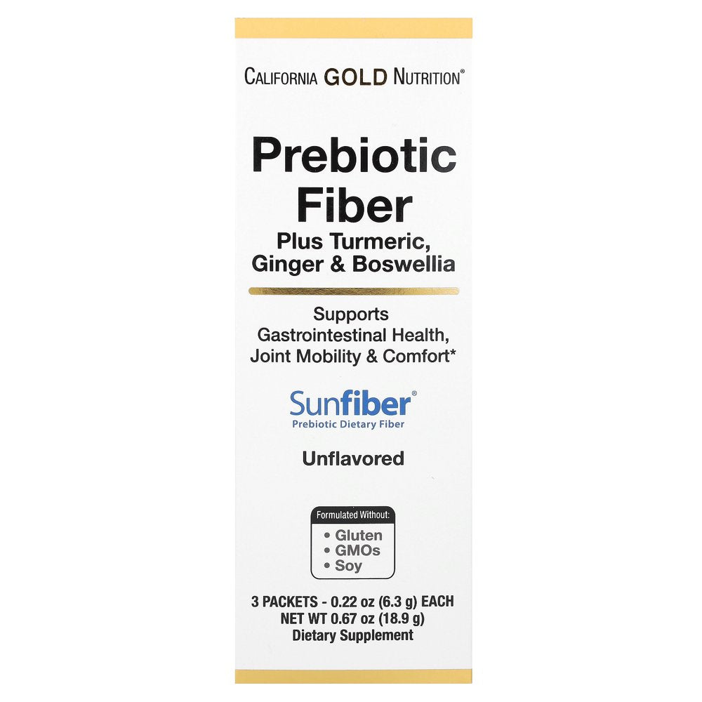 California Gold Nutrition Prebiotic Fiber plus Turmeric, Ginger, & Boswellia, 3 Packets, 0.22 Oz (6.3 G) Each