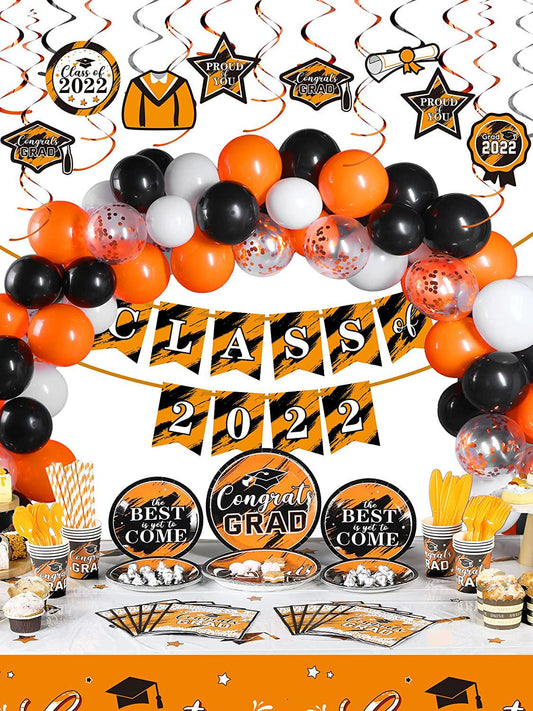 294 Pieces Graduation Party Supplies Set, Class of 2022 Graduation Decorations, Including Graduate Tableware Paper Plates Napkins Cups Plastic Tablecloth Banner Balloons Hanging Swirls (Orange)