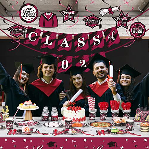 294 Pieces Graduation Party Supplies Set, Class of 2022 Graduation Decorations, Including Graduate Tableware Paper Plates Napkins Cups Plastic Tablecloth Banner Balloons Hanging Swirls (Maroon)