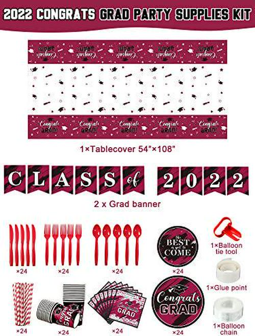 294 Pieces Graduation Party Supplies Set, Class of 2022 Graduation Decorations, Including Graduate Tableware Paper Plates Napkins Cups Plastic Tablecloth Banner Balloons Hanging Swirls (Maroon)