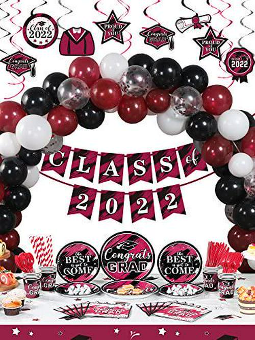 294 Pieces Graduation Party Supplies Set, Class of 2022 Graduation Decorations, Including Graduate Tableware Paper Plates Napkins Cups Plastic Tablecloth Banner Balloons Hanging Swirls (Maroon)