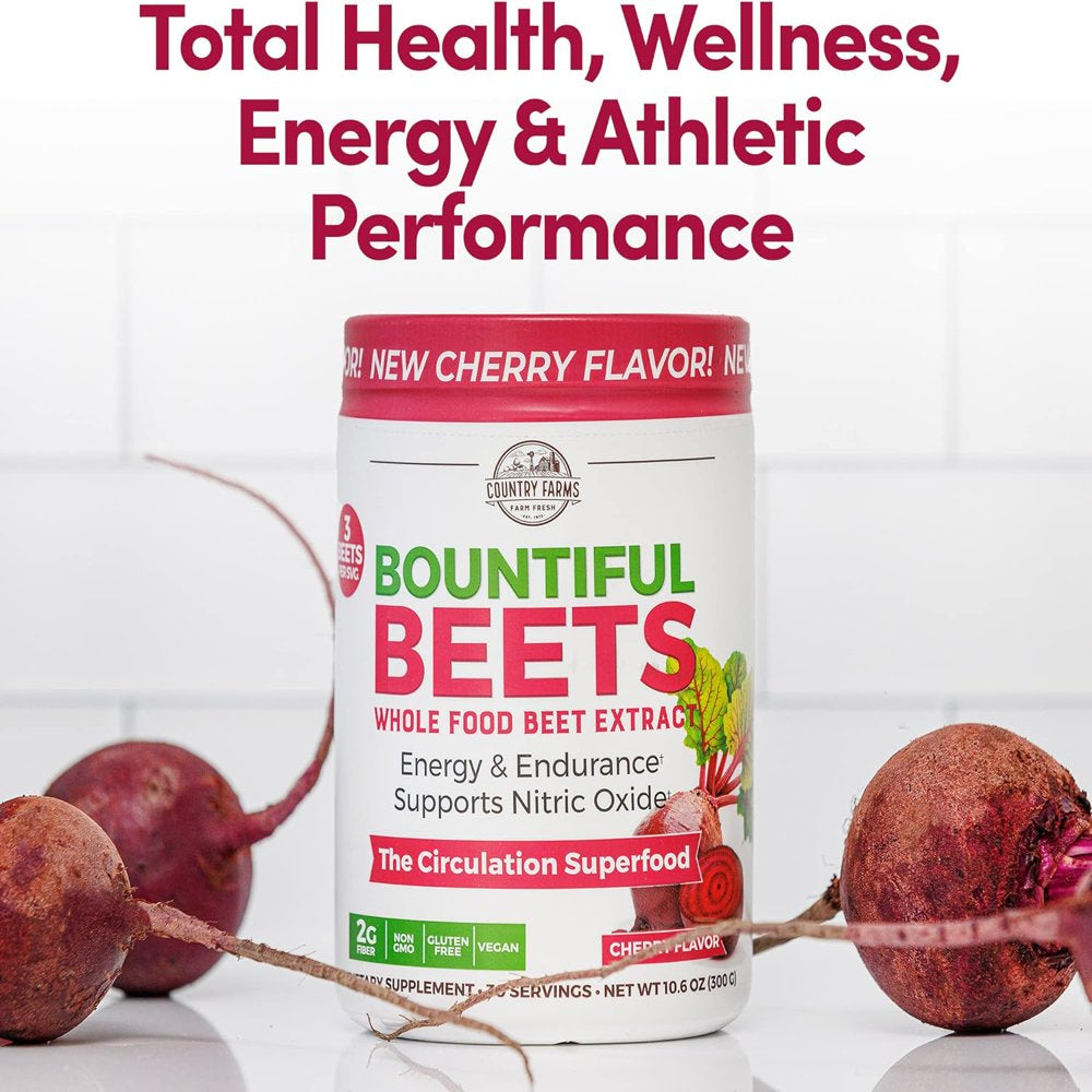 Country Farms Bountiful Beets, Delicious Cherry Flavor, the Circulation Superfood, Activates Essential Nitric Oxide, Natural Beet Extract, Boosts Energy and Endurance, 10.6 Oz, 30 Servings
