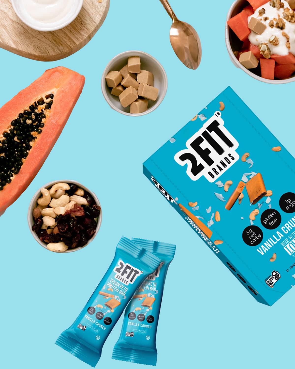 2FIT BRANDS Protein Bar Vanilla Crunch | Vegan, Gluten Free, Plant Based, High Protein Snack, Low Sugar, Low Carb, High Fiber, No Sugar Alcohols | 1.65 oz Bars, 12 Count