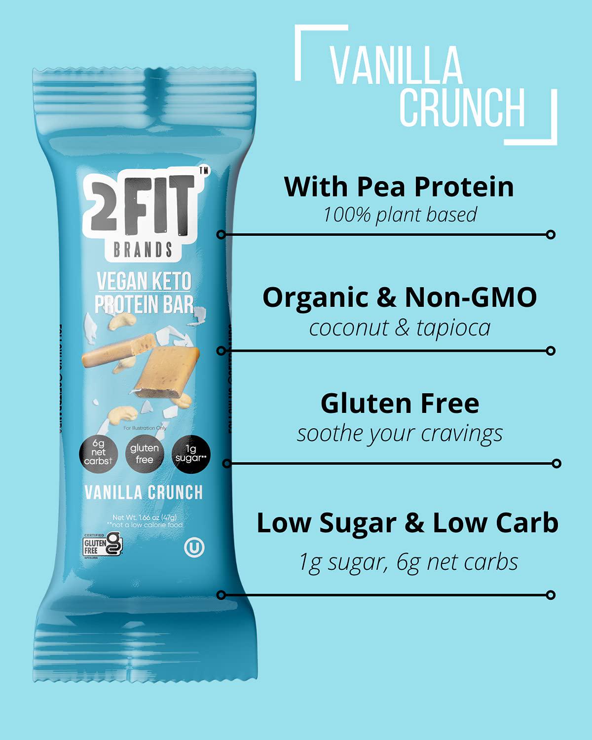 2FIT BRANDS Protein Bar Vanilla Crunch | Vegan, Gluten Free, Plant Based, High Protein Snack, Low Sugar, Low Carb, High Fiber, No Sugar Alcohols | 1.65 oz Bars, 12 Count