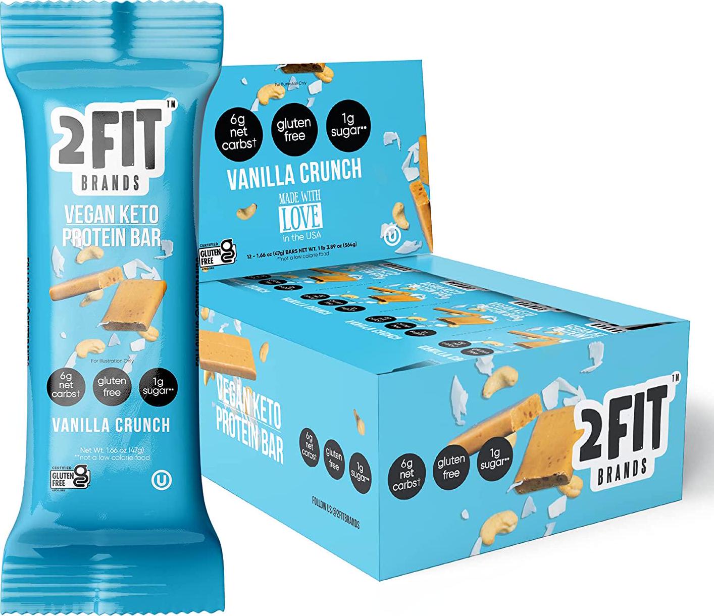 2FIT BRANDS Protein Bar Vanilla Crunch | Vegan, Gluten Free, Plant Based, High Protein Snack, Low Sugar, Low Carb, High Fiber, No Sugar Alcohols | 1.65 oz Bars, 12 Count