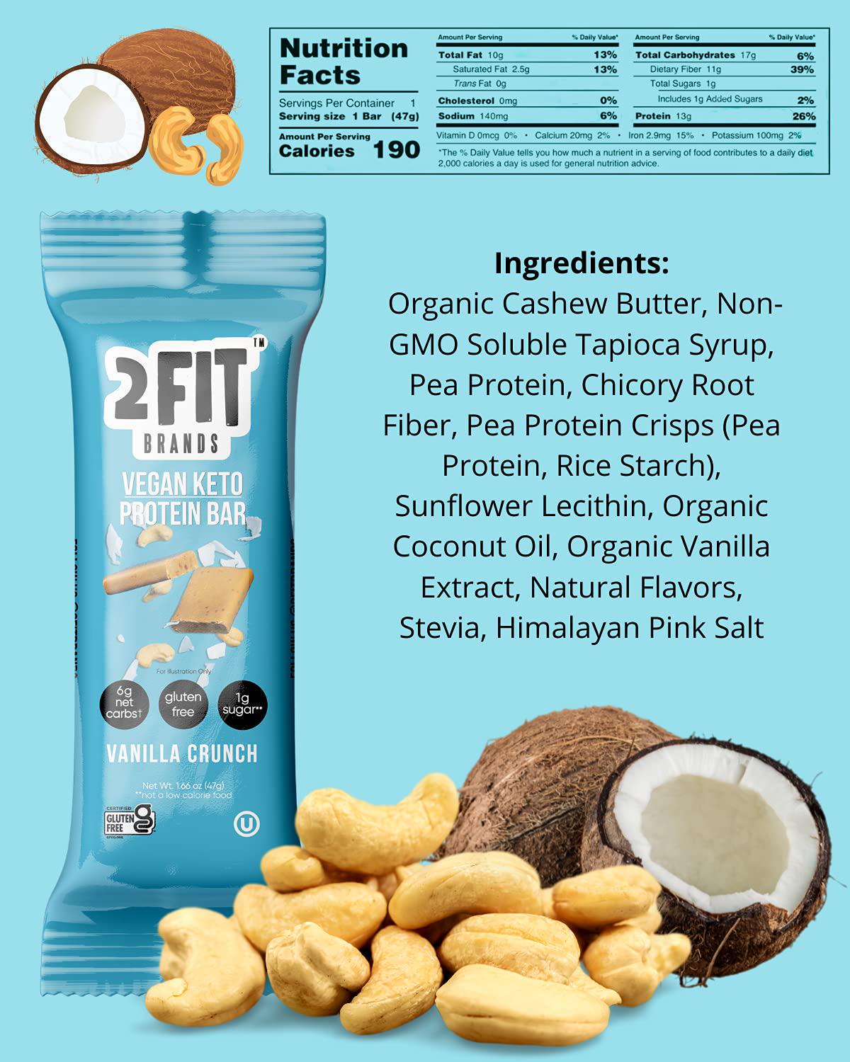 2FIT BRANDS Protein Bar Vanilla Crunch | Vegan, Gluten Free, Plant Based, High Protein Snack, Low Sugar, Low Carb, High Fiber, No Sugar Alcohols | 1.65 oz Bars, 12 Count