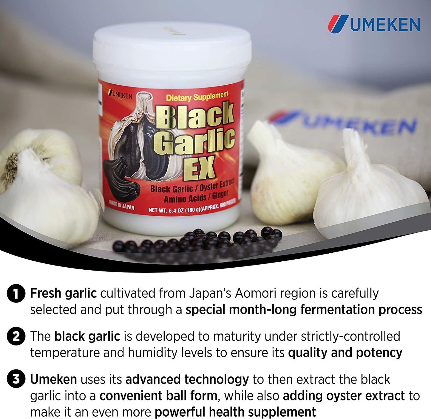 2X Umeken Black Garlic EX - Fermented Black Concentrated Garlic Extract Rich in Vitamin B1, Allicin, Amino Acids. About 6 Month Supply. Made in Japan.