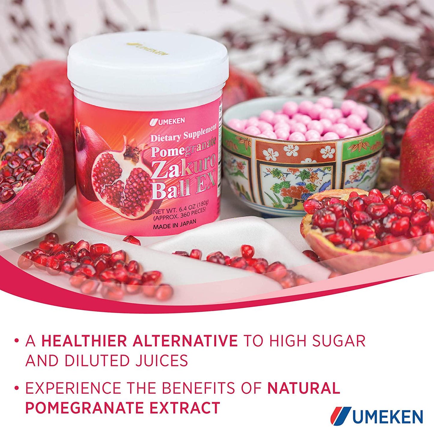 2X Umeken Pomegranate Zakuro Ball EX- Concentrated Pomegranate Extract, Natural Vitamins, Minerals, Citric Acids, and Tannins. Chewable. Made in Japan. About a 4 Month Supply.