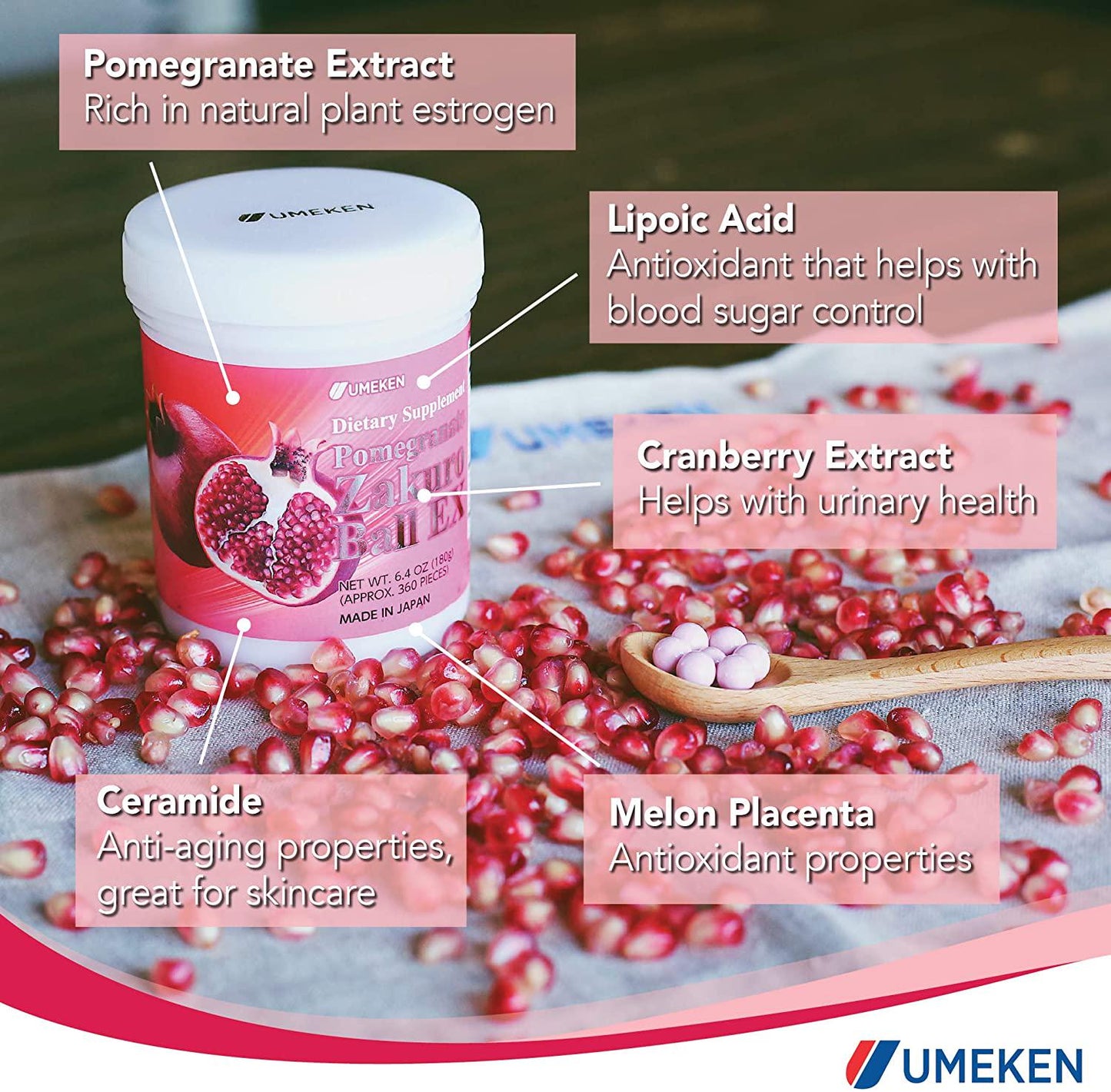 2X Umeken Pomegranate Zakuro Ball EX- Concentrated Pomegranate Extract, Natural Vitamins, Minerals, Citric Acids, and Tannins. Chewable. Made in Japan. About a 4 Month Supply.