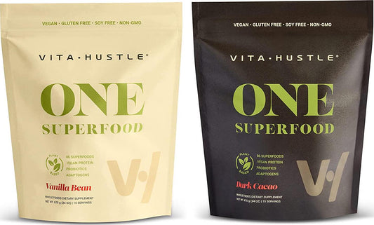 2 Bag Bundle: VitaHustle ONE Superfood Chocolate/Vanilla: All-in-One Superfood Protein Powder, 22 Vitamins and Minerals, Greens, Adaptogens, Probiotics (1 Bag Chocolate Cacao +1 Bag Vanilla Bean)