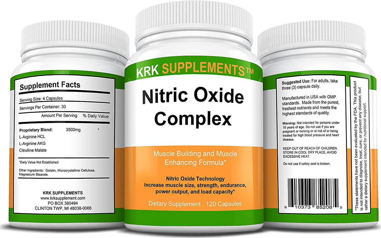 2 Bottles Nitric Oxide Complex 3500mg Per Serving L-Arginine HCL AAKG AKG Alpha Ketoglutarate Citrulline Malate 240 Total Tablets KRK Supplements