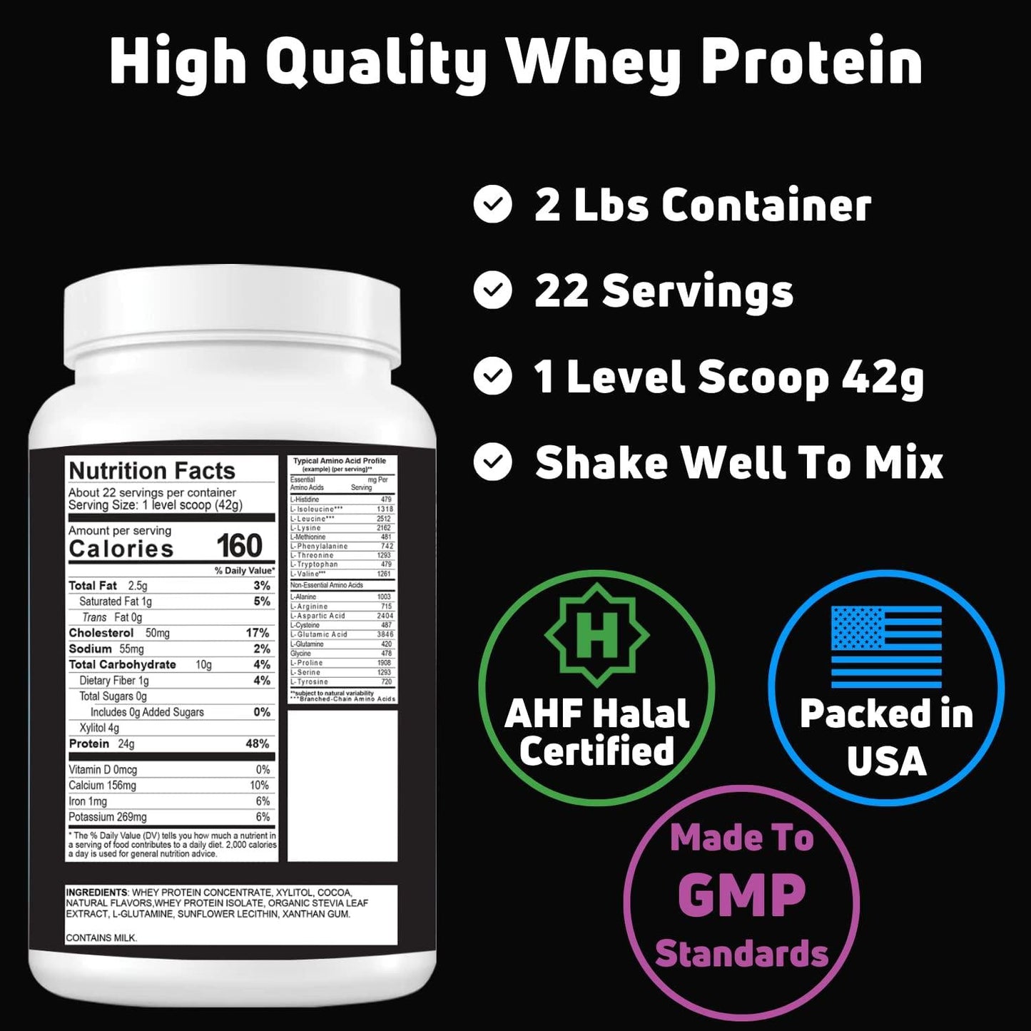 2 Lbs Halal Whey Protein Powder Creamy Chocolate. 24g Protein, 5g BCAAs and 420mg Glutamine. for Building Lean Muscles and Recovery. Sugar-Free, Keto-Friendly, Gluten-Free, Non-GMO. SHIFAA NUTRITION