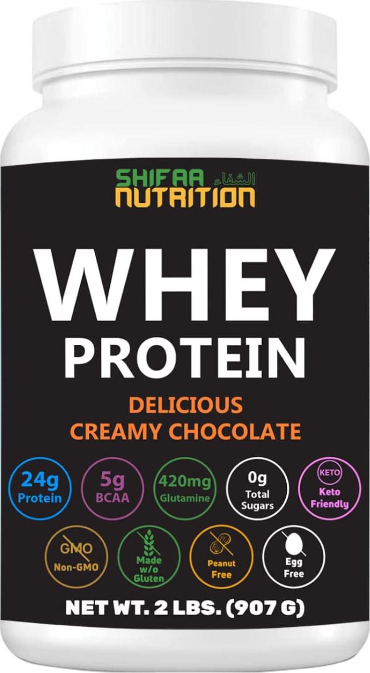 2 Lbs Halal Whey Protein Powder Creamy Chocolate. 24g Protein, 5g BCAAs and 420mg Glutamine. for Building Lean Muscles and Recovery. Sugar-Free, Keto-Friendly, Gluten-Free, Non-GMO. SHIFAA NUTRITION