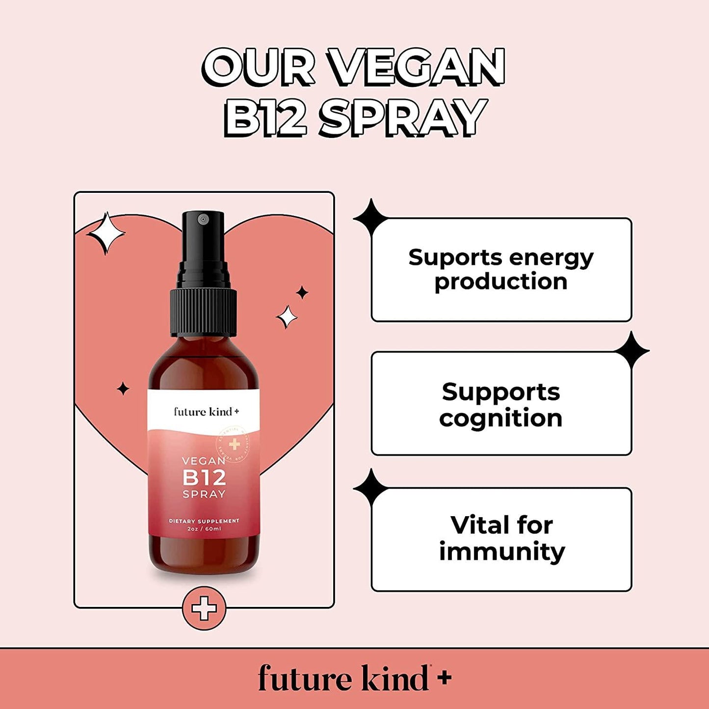2 Month Supply: Vegan Vitamin B12 Spray Naturally Occurring Methyl Form by Future Kind. Natural Wild Berry Flavor, Glass Bottle, Sugar Free. Supports Energy and Cognition.