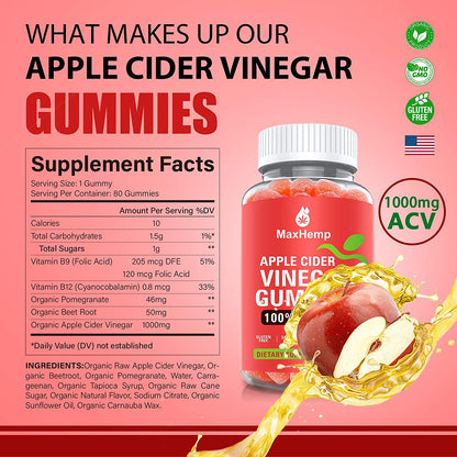 (2 Pack) 1,000mg Organic Apple Cider Vinegar Gummies with The Mother - ACV Gummy for Immune Support, Detox and Weight Loss - Vitmain B9, B12, Gluten-Free, Vegan, Non-GMO - for Adult and Kids