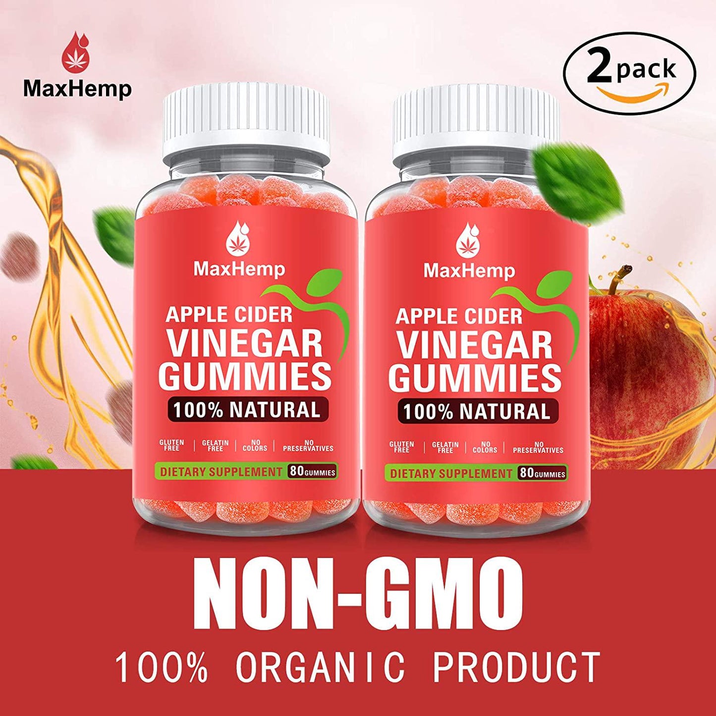 (2 Pack) 1,000mg Organic Apple Cider Vinegar Gummies with The Mother - ACV Gummy for Immune Support, Detox and Weight Loss - Vitmain B9, B12, Gluten-Free, Vegan, Non-GMO - for Adult and Kids