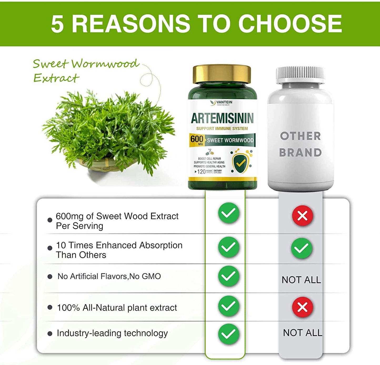 2 Pack Artemisinin 600mg, 120 Vegan Sweet Wormwood Extract Capsules Support Healthy Aging, Improve Immune Function Digestive Promote Cell Repair, Non-GMO