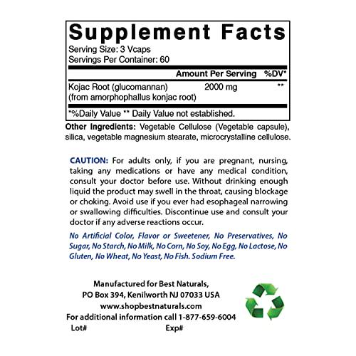2 Pack Best Naturals Konjac Glucomannan Root 2000 mg per Serving - 180 Vegetarian Capsules