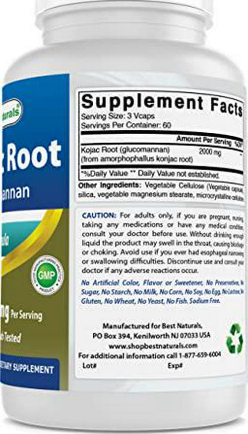2 Pack Best Naturals Konjac Glucomannan Root 2000 mg per Serving - 180 Vegetarian Capsules