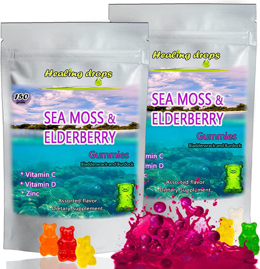 (2 Pack) Irish Sea Moss Elderberry Gummies - Vitamin C D + Zinc - Bladderwrack Burdock Gummy - Healthy Thyroid Gut Skin Joint Alkaline Supplements (2) - Nutricity.com.au