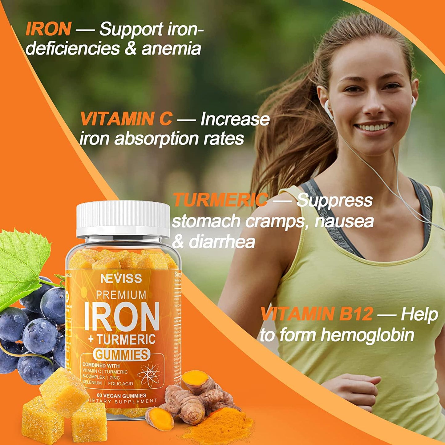2 Pack Iron Gummies for Women and Men | Turmeric, Vitamin C, Folic and Vitamin B Complex, 25mg Iron Supplement for Iron Deficiency and Boost Hemoglobin - Vegan, Anti-inflammatory, Grape Flavor, 120 Count