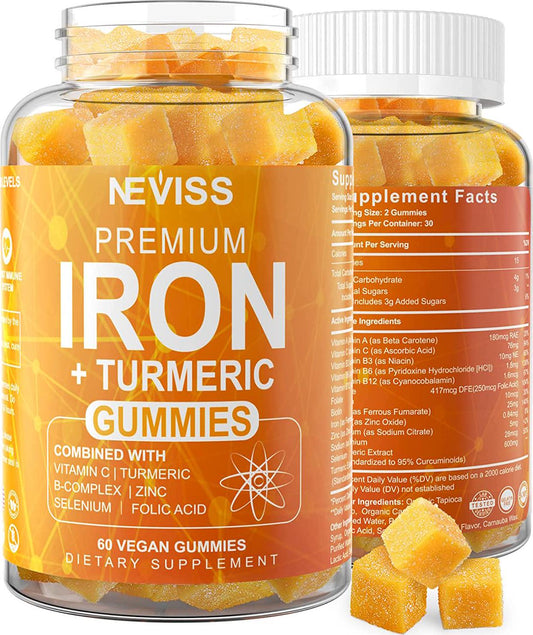 2 Pack Iron Gummies for Women and Men | Turmeric, Vitamin C, Folic and Vitamin B Complex, 25mg Iron Supplement for Iron Deficiency and Boost Hemoglobin - Vegan, Anti-inflammatory, Grape Flavor, 120 Count