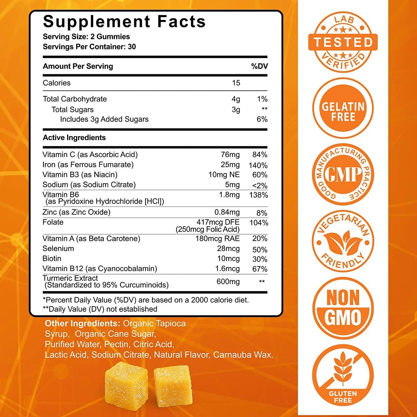 2 Pack Iron Gummies for Women and Men | Turmeric, Vitamin C, Folic and Vitamin B Complex, 25mg Iron Supplement for Iron Deficiency and Boost Hemoglobin - Vegan, Anti-inflammatory, Grape Flavor, 120 Count