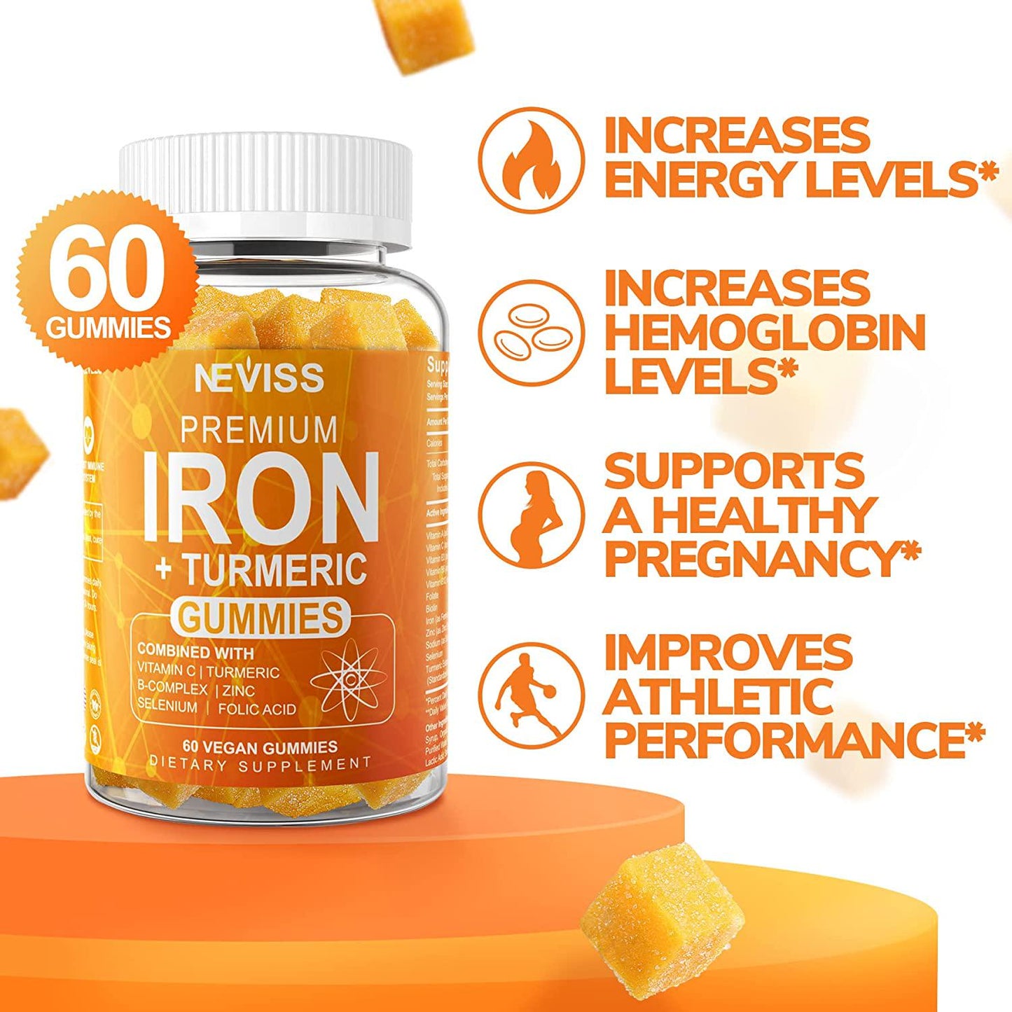 2 Pack Iron Gummies for Women and Men | Turmeric, Vitamin C, Folic and Vitamin B Complex, 25mg Iron Supplement for Iron Deficiency and Boost Hemoglobin - Vegan, Anti-inflammatory, Grape Flavor, 120 Count