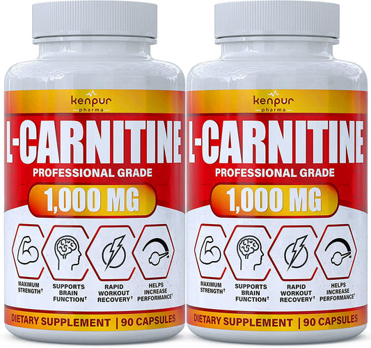 (2-Pack) L-Carnitine 1000mg Capsules for Increased Energy, Better Athletic Performance, Stamina - Supports Memory and Focus - L Carnitine Supplement for Metabolism, American Quality, 180 Caps in Total - Nutricity.com.au