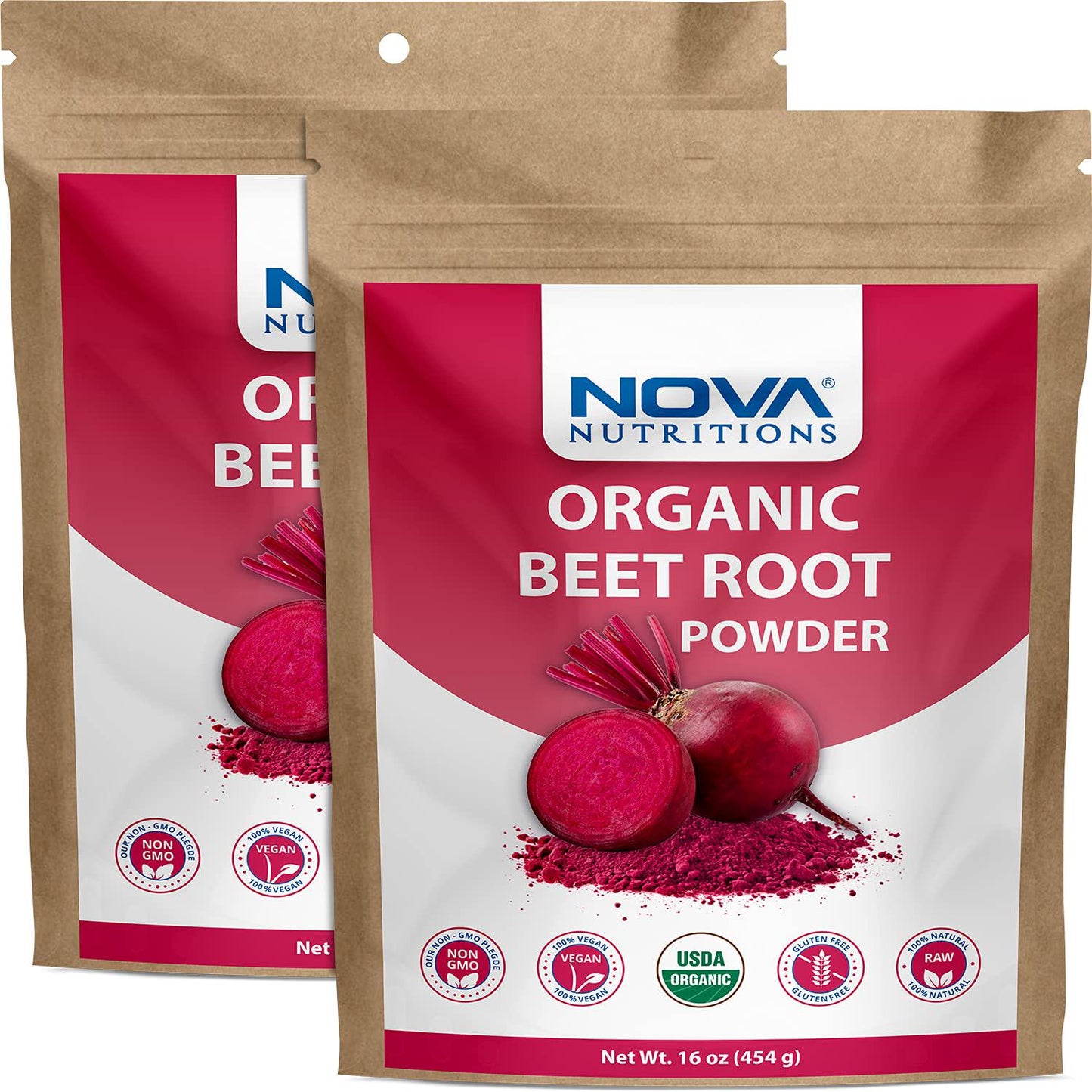 2 Pack - Nova Nutritions Certified Organic Beet Root Powder 16 OZ (454 gm) - Nitric Oxide Booster - Boost Stamina and Increases Energy (Total 32 OZ)