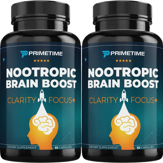 2 Pack -PrimeTime Sports Brain Boost Nootropic - Focus, Memory, Concentration - Men and Women - 60 Total Capsules